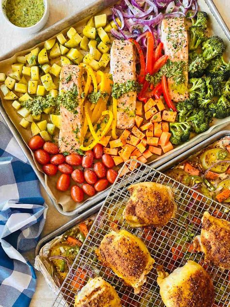 10 Mediterranean Sheet Pan Dinners that Are Great for When You Wanna Be Mediterranean Sheet Pan Dinners, Italian Chicken Recipes Easy, Sheet Pan Salmon And Veggies, Mediterranean Sheet Pan, Salmon And Veggies, Greek Chicken And Potatoes, Healthy Easy Meals, Sheet Pan Salmon, Pan Salmon