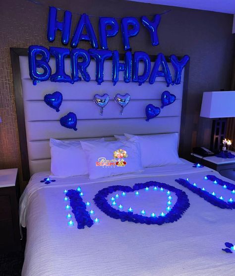 Bf Hotel Surprise, Suprise Room Decor For Boyfriend, Decorated Bedroom For Boyfriend Birthday, Room Set Up For Boyfriend Birthday, Bfs Birthday Gift Ideas, Suprise Bday Ideas, Decorate Boyfriends Room For Birthday, Blue Hotel Decorations For Boyfriend