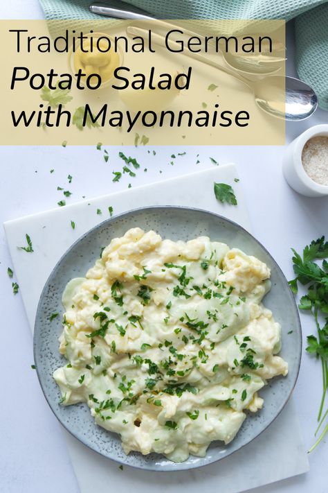 German Potato Salad with Mayonnaise Bavarian Potato Salad, Salad With Mayonnaise, Frankfurt Sausage, Christmas Salad Recipes, German Potatoes, Creamy Potato Salad, German Potato, German Potato Salad, Small Potato