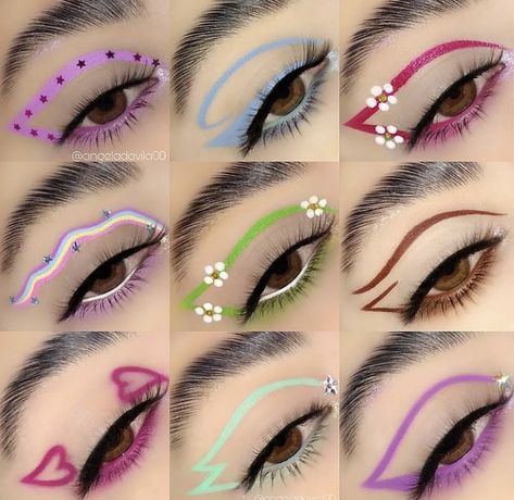 Cute Liner Looks, Pride Graphic Liner, Cute Eyeliner Looks, Flaky Makeup, Colorful Graphic Liner, Graphic Eyeliner Ideas, Graphic Liner Ideas, Fun Eyeliner, Coloured Eyeliner