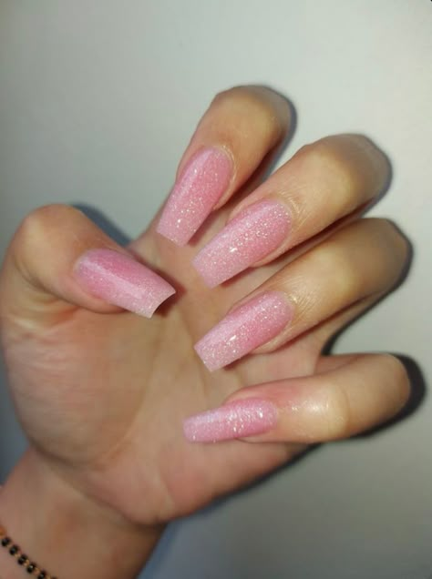 Pink Acrylic With Glitter, Acrylic Pink Glitter Nails, Light Pink Acrylics Coffin, Long Acrylic Nails Sparkle, Shiny Pink Acrylic Nails, Jelly Pink Nails Glitter, Acrylic Accent Nail Ideas, Light Pink Sparkly Nails Acrylic, Pink Sparkle Acrylics