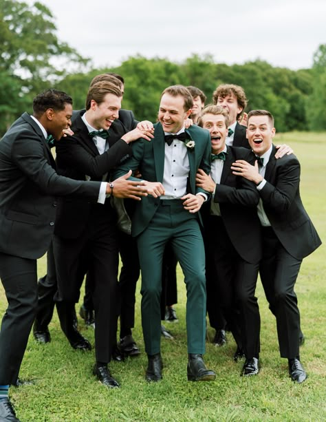 The Emerson Green Groom Suit With Groomsmen, Groomsman Green Suit, Grooms Color Suits, Groomsmen In Green Suits, Dark Green Wedding Suit Groomsmen, Green Suit Groom Bridal Party, Green Suit Wedding Groom, Dark Green Groom And Groomsmen, Green Wedding Suit Groomsmen