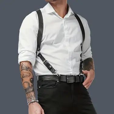 Temu Mens Suspenders Outfit Wedding, Mens Suspenders Outfit, Groomsmen Attire Suspenders, Lgbt Wedding Attire, Black Leather Suspenders, Casual Groomsmen, Leather Suspenders Men, Suspenders Outfit, Casual Wedding Attire