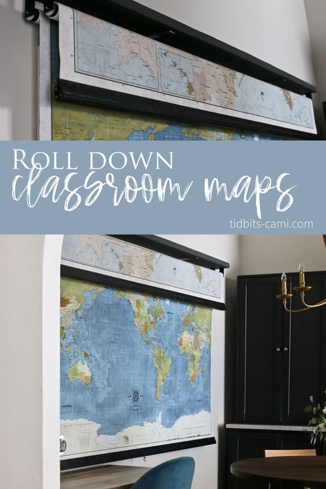 Diy Pull Down Map, Modern Farmhouse Homeschool Room, Organized Homeschool Room, Large Homeschool Room, Shed Homeschool Room, Homeschool Learning Wall, Schoolroom Ideas Homeschooling, Homeschooling Classroom Setup, Homeschool Room Inspiration