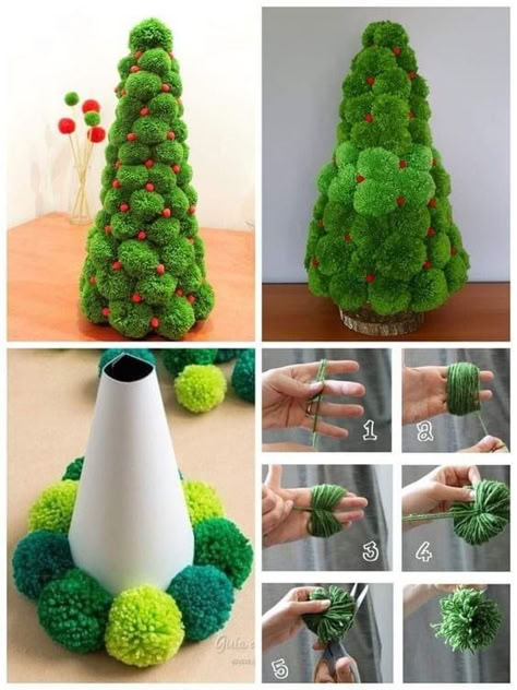 Diy Pom Pom Christmas Decorations, Pom Pom Crafts Christmas, Pompom Christmas Wreath, Diy Christmas Pom Pom, Pompom Christmas Tree, Pompom Tree, Christmas Pompom, Pom Pom Christmas Tree, Christmas Pom Pom Crafts