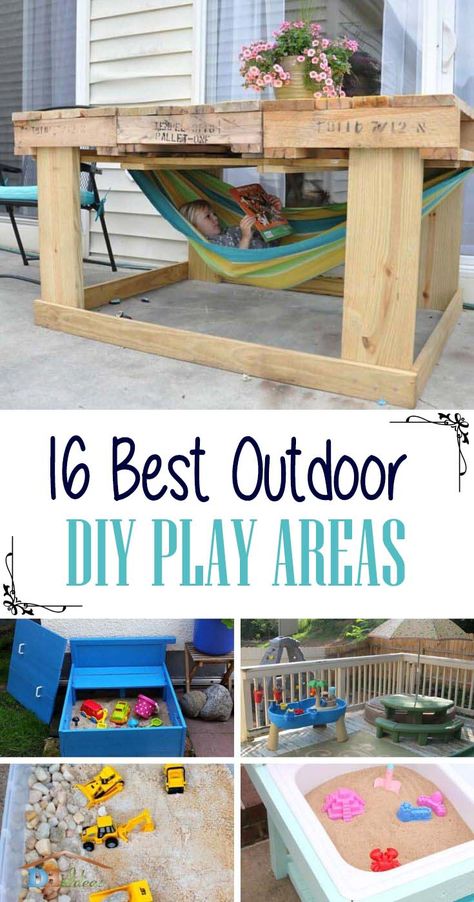 Diy Kids Outdoor Play Area Ideas Pallets, Toddler Porch Play Area, Kids Pool Area Backyard Ideas, Diy Backyard Toys For Kids, Diy Backyard Ideas On A Budget Kids, Preschool Outdoor Play Area Ideas, Diy Play Equipment Outdoor, Backyard Organization, Diy Backyard Water Play