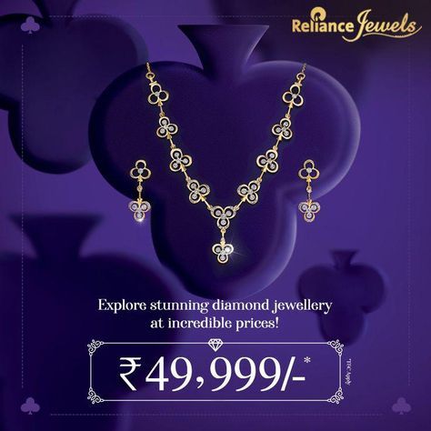 Get a drop-dead gorgeous look with this splendid diamond jewellery from our #OMGDiamondDelights collection, which is created to fulfil every girl’s diamond dreams at a fantastic price. Steal this diamond jewellery deal! Get this marvellous necklace set for only ₹49,999/-* Hurry! Visit your nearest Reliance Jewels showroom to check out our magnificent collection today. *T&C Apply #RelianceJewels #BeTheMoment #OMGDiamondDelights #DiamondJewellery Reliance Jewels, Gold Jewellery Design Necklaces, Jewelry Design Necklace, Gold Jewellery Design, Diamond Jewellery, Jewellery Design, Every Girl, Gold Jewellery, Necklace Set