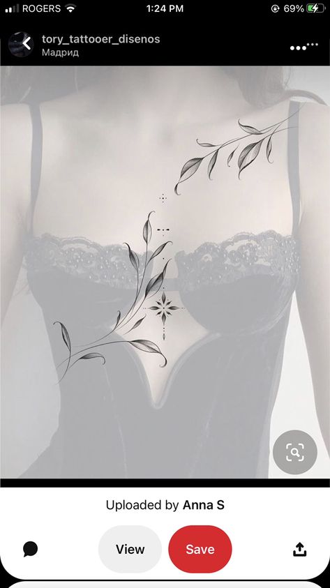 Underbust Tattoo Ideas Simple, Sternum Leaves Tattoo, Thing Tattoos For Women, Leaf Sternum Tattoo, Sternum Tattoo Women Flowers, Underboob Tattoo Flower, Tight Tattoos For Women, Underboob Flower Tattoo, Unique Collar Bone Tattoo Ideas