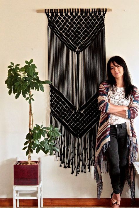 Black macrame wall hangings for Halloween and beyond | Girlfriend is Better Desert Macrame, Black Macrame Wall Hanging, Weaving Macrame, Macrame Black, Macrame Wall Hanging Large, Black Tapestry, Art Macramé, Makramee Diy, Black Macrame