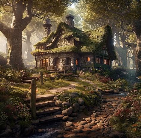 Fantasy Places Aesthetic, Fantasy Cottage Concept Art, Cottage Fantasy Art, Fantasy Village Concept Art, Anime Cottage, Fantasy Cottage Art, Cottage Concept Art, Fantasy Landscape Art, House In Forest