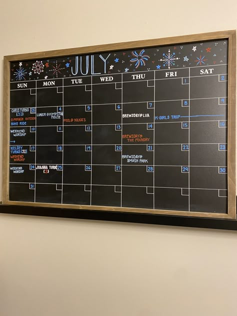 July Calendar 2024 Chalkboard, Cute Calendar Ideas White Board, July Calendar Ideas Chalk, Calander Board Ideas, Calender Ideas For Classroom, White Board Monthly Calendar Ideas, July Dry Erase Calendar Ideas, July Whiteboard Ideas, June Dry Erase Calendar Ideas