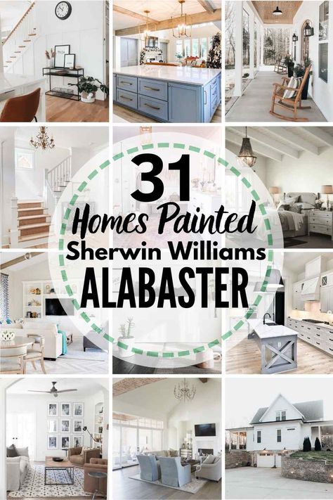 All About Sherwin Williams Alabaster + 31 Real Homes That Use It! See if this is the right paint color for your own home! #alabaster #sherwinwilliams #sherwinwilliamsalabaster #sherwinwilliamsalabasterwalls #sherwinwilliamsalabastercabinets #sherwinwilliamsalabasterexterior #sherwinwilliamsalabasterbedroom #sherwinwilliamsalabasterwhite #sherwinwilliamsalabasterbathroom #sherwinwilliamsalabasterkitchen #sherwinwilliamsalabastertrim #sherwinwilliamsalabasterlivingrooms #... She Twin Williams Alabaster, Sw Alabaster Exterior, Sw Alabaster Walls, Pale Oak Benjamin Moore, Sherwin Williams Alabaster White, Benjamin Moore Pale Oak, Alabaster Sherwin Williams, Sw Alabaster, Shiplap Wallpaper