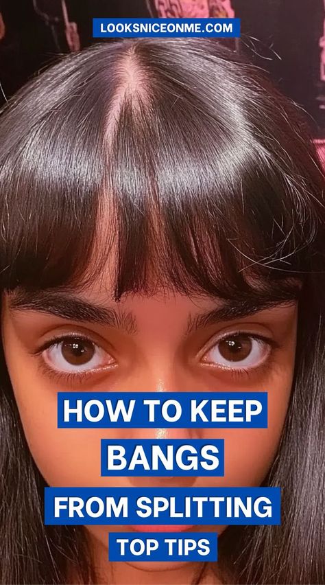 Learn how to keep your bangs from splitting with easy hacks and product recommendations. Say goodbye to frustrating flyaways and hello to perfect bangs every time! How To Keep Bangs From Separating, How To Get Bangs To Stay In Place, Trimming Bangs Diy, How To Maintain Bangs, Train Bangs, How To Fix Short Bangs, How To Train Bangs, Grow Out Bangs Hairstyles, How To Dry Bangs