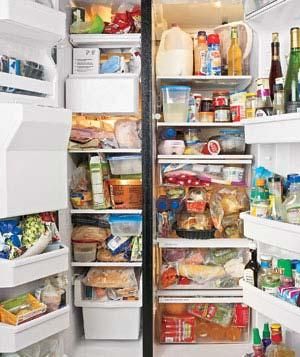 The Refrigerator, Before | Real Simple cracked this case of cold-clutter chaos. Organizing The Refrigerator, Organize A Side By Side Refrigerator, Organize Side By Side Freezer, Refrigerator Food Ideas, How To Organize Your Refrigerator, Organize Refrigerator Ideas, How To Organize Fridge, Organized Refrigerator Ideas, Side By Side Fridge Organization