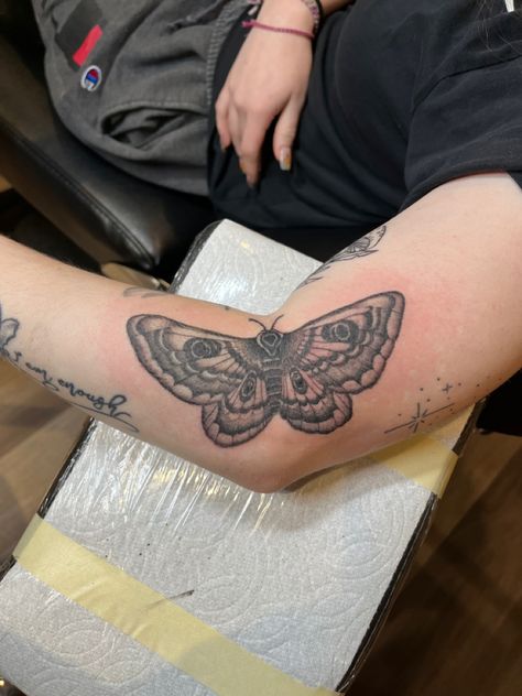 Moth Inner Elbow Tattoo, Bug Elbow Tattoo, Moth Elbow Bend Tattoo, Elbow Pit Tattoos For Women, Moth Tattoo Elbow Crease, Moth Arm Crease Tattoo, Moth Elbow Tattoo Open Close, Elbow Crease Tattoo Inner, Moth Tattoo Elbow