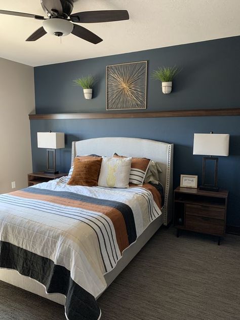 Master Bed Accent Wall Paint Colors, Blue Paint Accent Wall Bedroom, Bed Rooms Colors Paint Accent Wall, Greige And Navy Bedroom, Accent Wall Color Ideas Bedroom, Greige And Blue Bedroom, Men Accent Wall, Bedroom Color Inspirations Accent Wall, Master Bedrooms With Accent Wall Blue