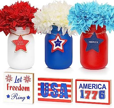 4th of July Decorations for Home, Patriotic Decor Mason jar Decorations, 4th of July Tiered Tray Decor, Mason Jar Centerpiece for Table, Rustic Table Decoration for Farmhouse Kitchen America Decorations, 4th Of July Table Centerpieces, Patriotic Mason Jars, Patriotic Classroom, 4th Of July Tiered Tray Decor, Jar Decorations, Centerpiece For Table, Patriotic Centerpieces, Mason Jar Centerpiece