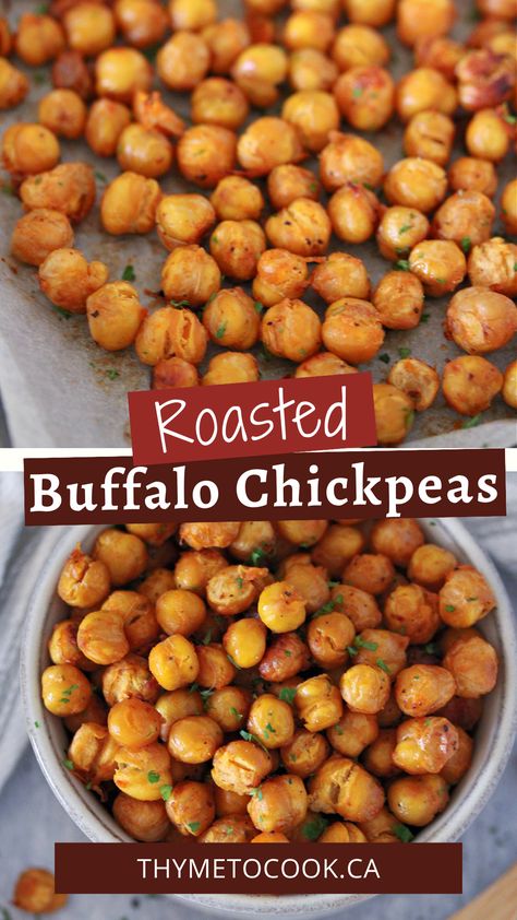 Spicy and crunchy roasted buffalo chickpeas are a delicious snack or addition to salads and wraps! Easy to make and even easier to eat! Roasted Buffalo Chickpeas, Roasted Chickpeas Bowl, Oven Roasted Chickpeas Recipes, Roast Chickpeas Oven, Spicy Chickpea Recipes, Roasted Chickpeas Oven, Roasted Chickpea Recipes, Homemade School Snacks, Buffalo Chickpeas