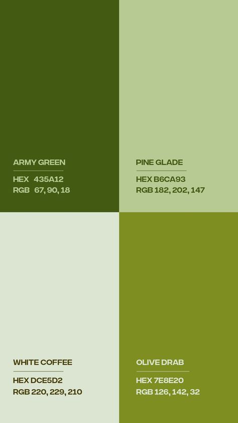 Color Palette Library #8 — ALIMAYDIDTHAT Colors used : Army Green , Pine Glade , White Coffee , Olive Drab Color Palette Of Green, Mint And Olive Green Color Palettes, Colors Green Palette, Olive Green Color Pallette, Fresh Green Color Palette, Green Earth Tone Color Palette, Green Yellow Brown Color Palette, Cool Green Color Palette, Healthy Food Color Palette