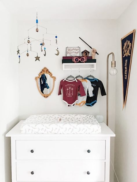 Gender Neutral Nursery Harry Potter, Harry Potter Changing Table, Nursery Harry Potter Theme, Baby Harry Potter Nursery, Boho Harry Potter Nursery, Harry Potter Nursery Subtle, Harry Potter Nursery Wallpaper, Harry Potter Inspired Nursery, Harry Potter Baby Room Themed Nursery