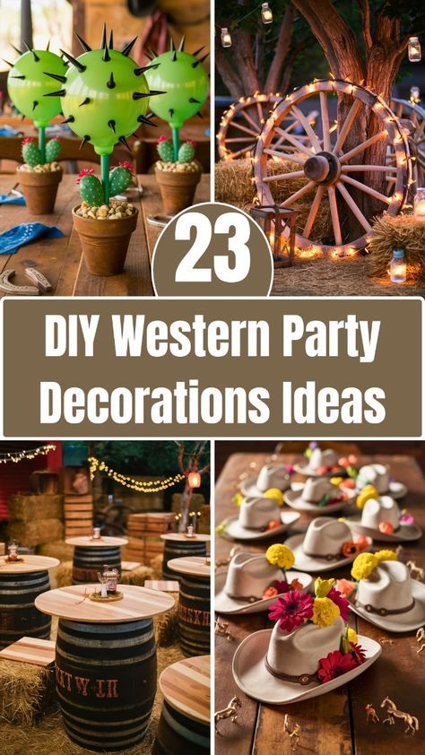 Transform your party into a wild western adventure with these 23 DIY western party decorations! From cowboy hats to rustic signs, discover easy and creative ideas to make your event unforgettable. Perfect for birthdays, BBQs, and more! 🎈 Western Theme Party Decorating Ideas, Cowboy Centerpieces, Wild West Party Theme, Rustic Theme Party, Hat Centerpieces, Holiday Hoedown, Western Centerpieces, Country Western Parties, Cowboy Party Decorations