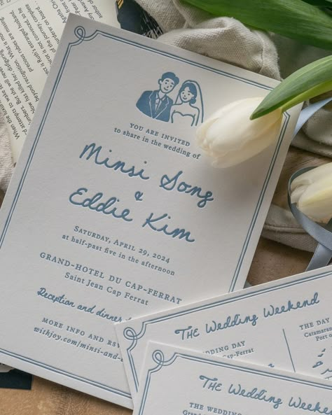 It’s all in the details: vintage stamps, letterpress on soft cotton paper, and double faced satin ribbon strung through a bronze antique label holder for M+E’s wedding weekend in Nice, France 🛥️☕️🥐🌷 . . . . . . . . #customweddingstationery #luxuryweddingstationery #luxuryweddinginvitations #customweddingdesign #classicwedding #minimalwedding #elegantwedding #weddinginvitations #coastalwedding #frenchwedding #modernweddingstationery #handmadelove #customweddingdesign #modernweddingdesign #wax... Wedding Invite Stamps, Vintage Wedding Design, Wedding Invitation Spring, 2025 Wedding Ideas, Wedding Design Graphic, Korean Wedding Invitation, Wedding Card Minimal, Online Wedding Invitations Design, Cute Invitation Ideas