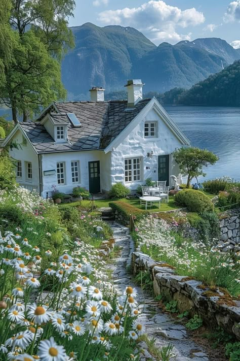 Peaceful House Nature, The Holiday Cottage Aesthetic, Pretty House In The Woods, Cosy Summer House, Coastal Grandma House Exterior, Water Front Home, Cottage Home Vibes, Small House In The Country, Houses In Countryside