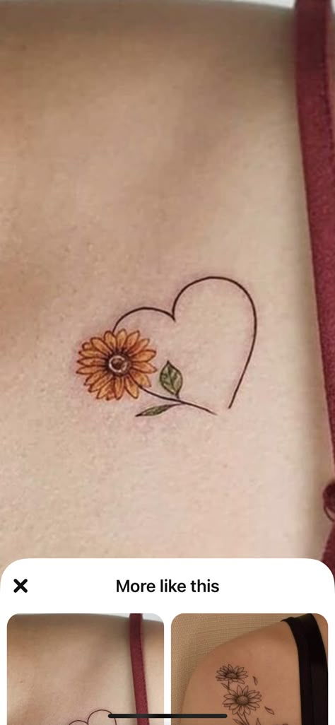 Small Sunflower Hand Tattoo, Bee And Sun Tattoo, Sunflower And Heart Tattoo, Sunflower Memorial Tattoo Grandma, Sunflower Heart Tattoo, Small Sunflower Tattoo Simple, Cute Sunflower Tattoo, Sunflower Tattoo On Wrist, Father Daughter Tattoo