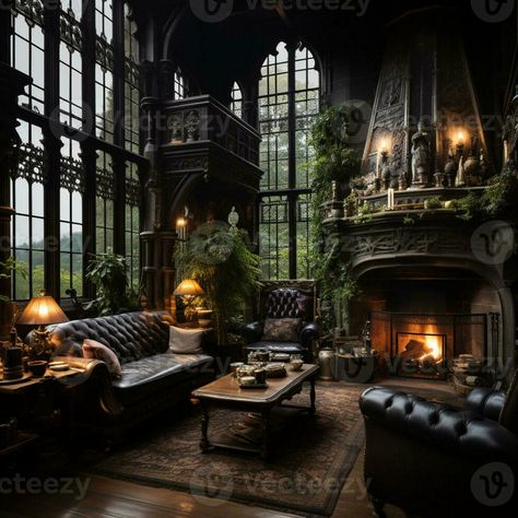 Interior Design, Beautiful Living room Gothic Style, Luxury Mansion, Elegant tall window, AI Generative Gothic Style Windows, Gothic Cottage Living Room, Gothic Style Living Room, Gothic Interior Aesthetic, Gothic Atrium, Victorian Manor Interior, Esme Aesthetic, Gothic Interior Design Victorian, Mansion Windows