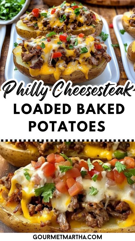 If you love a hearty Philly cheesesteak, you’re going to adore these loaded baked potatoes stuffed with savory steak, melty cheese, and sautéed peppers. It’s the perfect combination of comfort food and a classic sandwich favorite. Craving something new? Get the recipe here #PhillyCheesesteak #LoadedBakedPotatoes #ComfortFood #CheesesteakRecipe #EasyDinner #SavoryMeals #StuffedPotatoes #WeeknightDinner #PhillyCheesesteakPotatoes #BakedPotatoRecipes Meat Side Dishes Dinners, Philly Cheesesteak Loaded Baked Potatoes, Meals Using Steak, Loaded Philly Cheesesteak Baked Potato, Cheeseburger Stuffed Potatoes, Baked Potatoes Dinner Meals, Loaded Vegetable Recipes, Smothered Baked Potatoes, Loaded Baked Potato Dinner Ideas