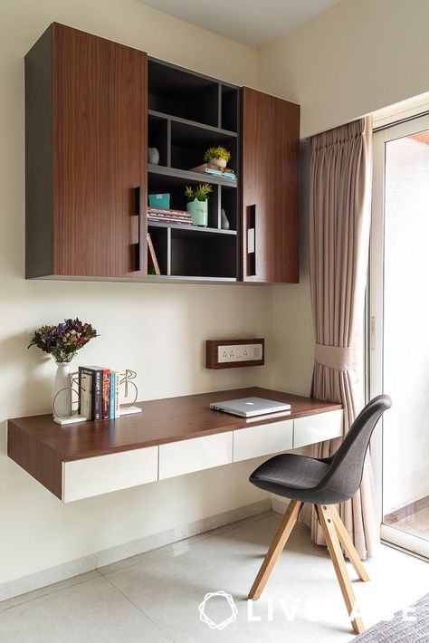 floating desk bedroom study table with bookshelf design 1 Study Area With Book Shelf, Study Wall Cabinet Design, Bedroom Ideas Study Table, Working Area In Bedroom, Study Table In Room, Wooden Study Table Design Modern, Room Table Ideas Desks, Small Study Design, Wall Study Table Ideas