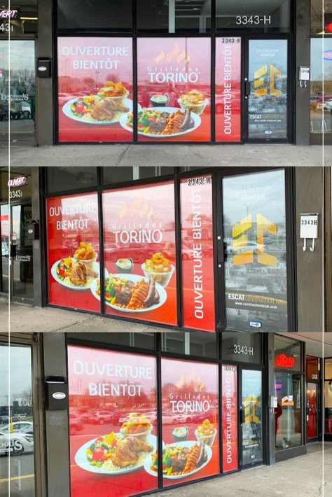 Storefront glass windows of a business covered with  graphic to advertise a soon-opening restaurant. Glass Facade Restaurant Design, Restaurant Glass Sticker Design, Window Poster Design, Window Graphics Design, Window Graphics Design Ideas, Restaurant Window Graphics, Restaurant Door Design, Pizzeria Aesthetic, Restaurant Opening Soon