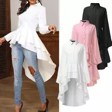 Asymmetrical Tunic Tops Women's Blouse Spring Chemise Fashion VONDA Solid Long Sleeve Shirt Female Sexy Split Blusas Oversized|Blouses & Shirts| - AliExpress Outfits For Office Work, Women Ruffle Blouse, Casual Elegant Style, Blouse Elegant, Flattering Outfits, Spring Blouses, Women Blouses Fashion, Asymmetrical Blouse, Loose Long Sleeve