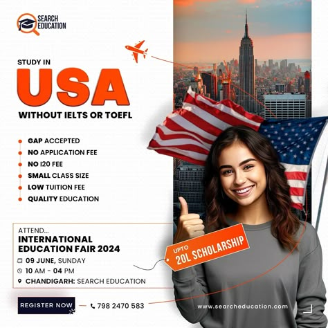 Global Study Opportunities at the International Education Fair 2024! Meet top universities & colleges from the USA on 9th June in Chandigarh. Explore world-class programs, seek admission advice, and fast-track your dreams of studying abroad. 🗓️ Save the date: 9nd June 2024, Chandigarh ⏰ Timing: 10:00 AM - 05:00 PM 📍Venue: Sunday, SCO 491, First Floor, Above Airtel Store, 35C, Chandigarh 📲Book Your Seat Now: Link in Bio 🔗 📞Chandigarh: +91 798 247 0583 #studyinus #studyinusa #studyinusa #s... Study Abroad Poster Design, College Poster Design, Vishu Greetings, Farewell Gift For Colleague, Program Poster, Study In Usa, College Poster, Abroad Study, Education Poster Design