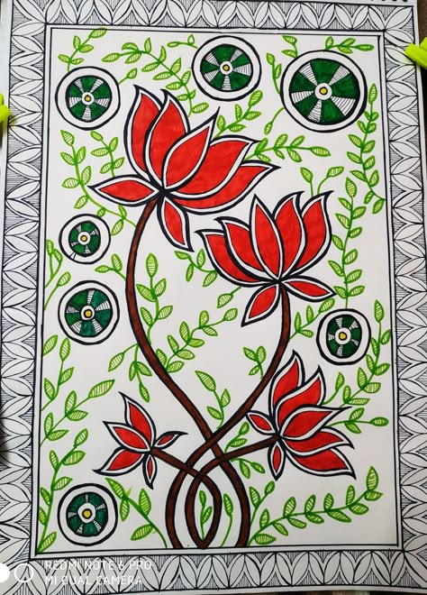 Madhubani Painting For Beginners, Simple Madhubani Paintings, Easy Madhubani Art For Beginners, Couples Canvas Painting, Cool Art Ideas, Gond Painting, Loose Belly, Lotus Painting, Paintings For Beginners