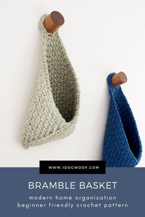 Easy and quick to make, beginner friendly, and perfect for gifts, the Bramble Basket is a geometrically modern and minimal hanging organizer. Free crochet pattern at www.1dogwoof.com Bramble Basket, Crocheted Baskets, Crochet Basket Pattern Free, Crochet Storage Baskets, Crochet Hanging, Crochet Storage, Linen Stitch, Crochet Baskets, Basket Pattern