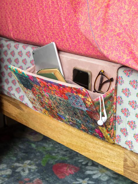 This Bedside Caddy is your new room essential! It’s perfect to hold everything you need right by your bed, and it easily slides under your mattress to hold it in place. It’s made of a super soft, cozy material and has two pockets on the inside. We use it for our phone, journals, books and electronics… we don’t know how Mouse Moment, Granola Dorm Room, Trendy Dorm Room Ideas, Dorm Room Crafts, Colorful Boho Home, Small Room Organization, Bedside Caddy, Caddy Organizer, Room Goals