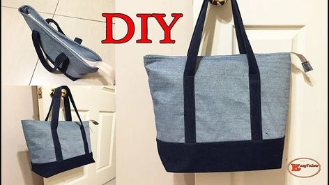 YouTube Tote Bag With Zipper Pattern Free, Large Tote Bag Pattern Free, Zippered Tote Bag Tutorial, Large Tote Bag Pattern, Tote Bag Sewing Tutorial, Tote Bag Diy Pattern, Diy Jean Bag, Zipper Sewing, Recessed Zipper