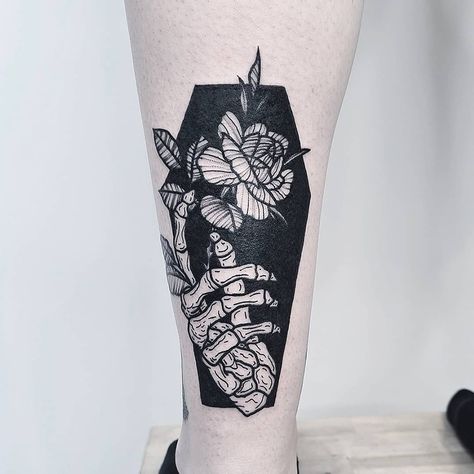 Coffin With Skeleton Tattoo, Divorce Tattoo Ideas, Coffin Tattoo Design, Hand Skeleton Tattoo, Divorce Tattoo, Coffin Tattoo, Tattoo Ideas Back Spine, Negative Space Tattoo, Hand Skeleton