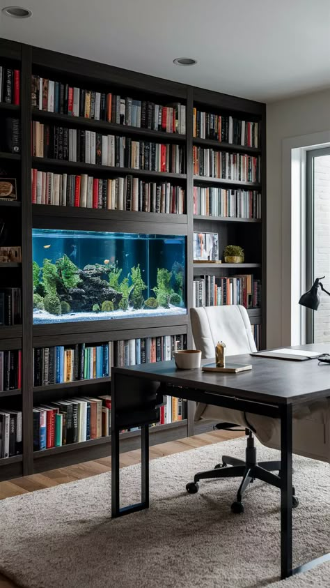 Aquarium Home Office Design Inspirations Home Office Aquarium, Fish Tank Built In Bookcase, Library With Aquarium, Bookshelf With Aquarium, Aquarium In Bookshelf, Fish Tank Bookcase, Bookshelf Fish Tank, Aquarium Design Ideas, Aquarium Room