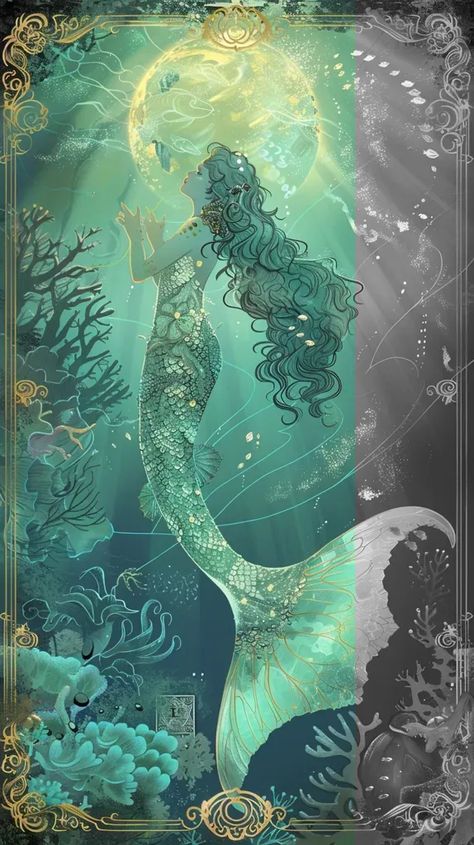 Full Color Image in ai-img-gen.com 🔸 Create a beautiful, delicate, and translucent tarot card illustration featuring a mermaid as the cen... 🔸 From Midjourney AI Image Tarot Card Illustration, Mermaid Tarot, Magical Ocean, Glowing Orb, Ocean Scenes, Card Illustration, In The Ocean, A Mermaid, Green Hair