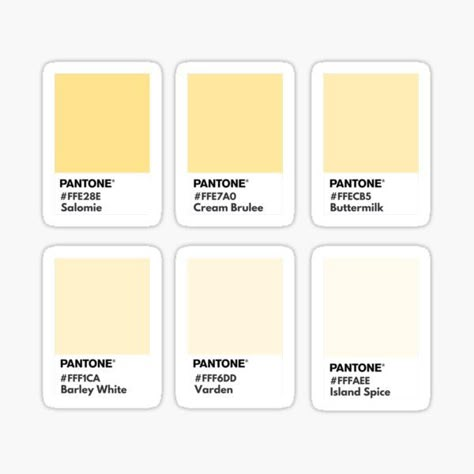 Pantone squares with HEX code. Check my profile for more aesthetic pleasing sutff :) • Millions of unique designs by independent artists. Find your thing. Yellow Color Palette Code, Pastel Yellow Pantone, Light Yellow Palette, Pastel Yellow Colour Palette, Yellow Color Palette Hex Codes, Pastel Yellow Hex Code, Soft Yellow Palette, Yellow Pantone Colour Palettes, Yellow Paint Swatches