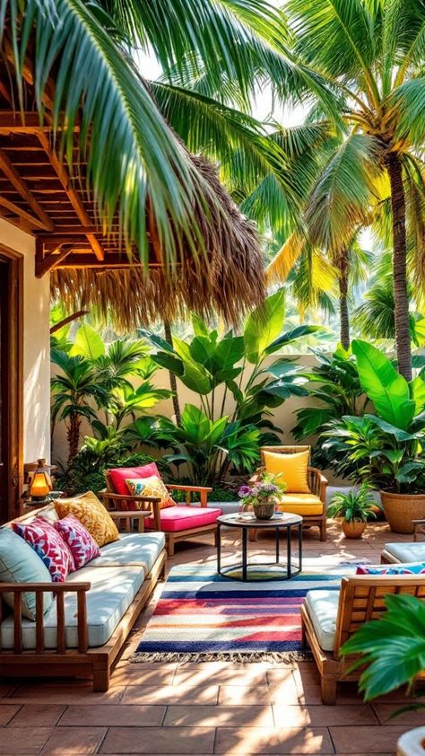 Discover vibrant tropical decor for a patio that feels like paradise 🌴🌺. Ideal for a fresh outdoor look! Tropical Lanai Ideas, Tropical Porch Decor, Patio Greenery Ideas, Lanai Decorating Ideas Florida, Tropical Patio Ideas, Tropical Outdoor Patio, Tropical Lanai, Tropical Porch, Outdoor House Colors