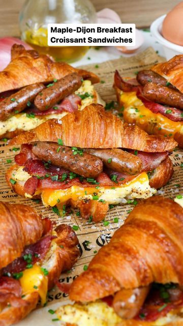 Lauren Sephton | Bright Moment Co. on Instagram: "Let’s make Maple-Dijon Breakfast Croissant Sandwiches with soft scrambled eggs, crispy bacon, @amylufoods Breakfast Mini Links and sharp cheddar for THE breakfast of champions. 😉But in all seriousness, these breakfast sandwiches are super easy to make for the family or your next holiday brunch!   RECIPE ⬇️   Servings: 7   Ingredients: ·      1 tbsp. Honey ·      2 tbsp. Dijon Mustard ·      7 Plain Croissants ·      7 slices Sharp Cheddar Cheese ·      1 9-oz. package Amylu Breakfast Time Mini Links ·      7 large Eggs ·      1/3 cup Whole Milk ·      2 tbsp. Olive Oil ·      Salt & Black Pepper, to taste ·      7 slices Cooked Bacon ·      Fresh Chives, chopped, for garnishing   Instructions: 1.     Preheat oven to 400F. Line a large baki Breakfast Mini, Croissant Sandwiches, Soft Scrambled Eggs, Egg Boats, Breakfast Croissant, Croissant Sandwich, Croissant Breakfast, Brunch Recipe, Holiday Brunch