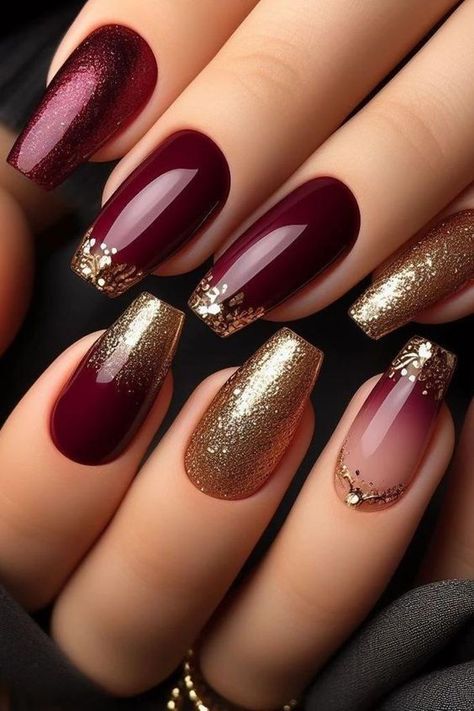 Bold Nail Art Designs, Red Dramatic Acrylic Nails, Red Gold Manicure, Red Gold Glitter Nails, Red Gel Polish Nail Designs, Red Nails With Gold Tips, Red Gold Nail Art, Nails Red With Gold, Red With Gold Nails