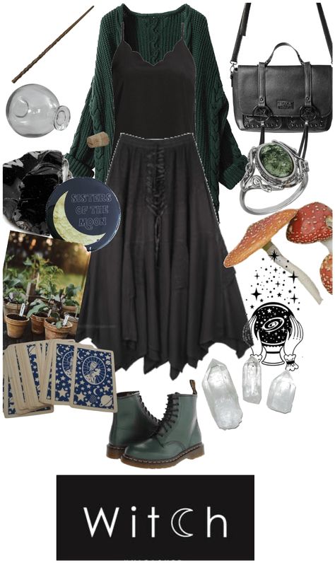 Coven Inspired Outfits, Green Witch Outfit Modern, Crystal Witch Aesthetic Outfit, Green Witch Style, Elphaba Outfit Ideas, Swamp Witch Outfit, Eclectic Witch Outfit, Witch Winter Outfits, Hedge Witch Outfit