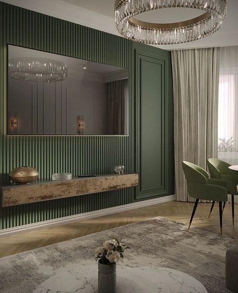 Dark Green Living Room, Wall Decor Living Room Modern, Tv Room Design, Living Room Design Inspiration, Diy Kitchen Decor, Green Walls, Living Room Green, Home Room Design, Apartment Interior