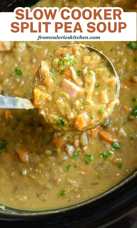 This Slow Cooker Split Pea Soup recipe is a great way to make use of that leftover bone from your holiday ham. Cooking it low and slow is the best method for creating creamy, delicious split pea soup. Ww Split Pea And Ham Soup, Pea Soup Crockpot, Slow Cooker Split Pea Soup, Split Pea Soup Crockpot, Vegetarian Party, Split Pea Soup Recipe, Hearty Soup Recipes, Pea And Ham Soup, Holiday Ham