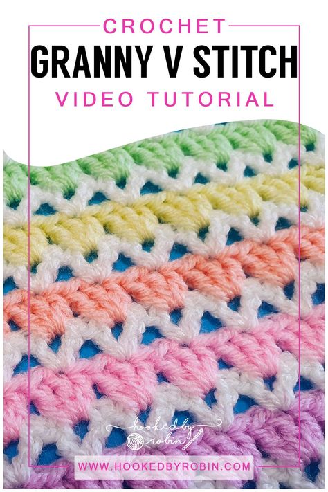 Crochet Granny V- Stitch [Free Video Tutorial & Written Pattern!] Crochet Granny V Stitch, Granny V Stitch Blanket, Modern Granny Stitch, Granny Stitch Blanket Pattern, Crochet Patterns Tutorial Videos, Granny Stripe Crochet Pattern Free, V Stitch Crochet Blanket Pattern Free, Crochet V Stitch Pattern, Lapghan Crochet Patterns Free Easy