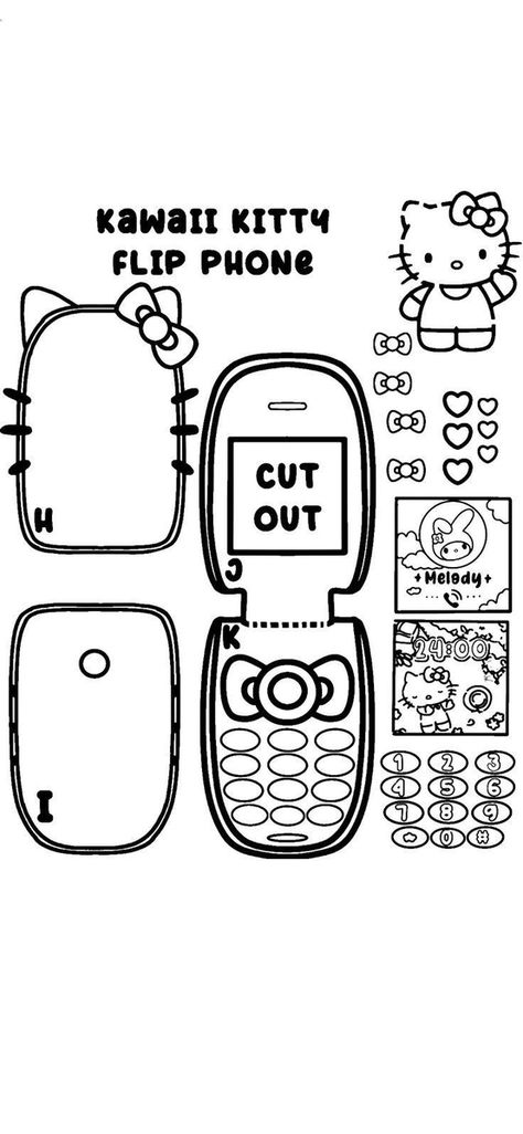 Diy Hello Kitty Crafts, Hello Kitty Template, Tracing Drawings, Hello Kitty Flip Phone, Crafts Hello Kitty, Hello Kitty Paper, Art Hello Kitty, Printable Diy Crafts, Paper Phone